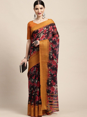 ANOUK Printed Banarasi Linen Saree(Black)