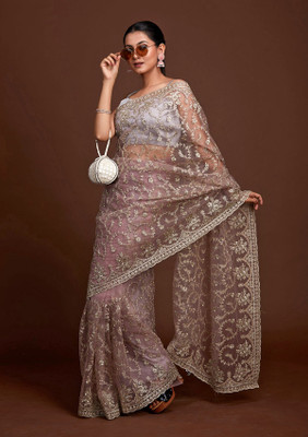 Trendmalls Embroidered Bollywood Net Saree(Grey)