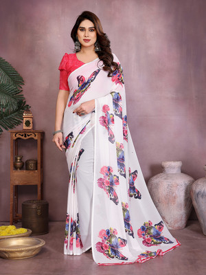 Moda Rapido Animal Print, Floral Print Bollywood Georgette Saree(White, Pink)