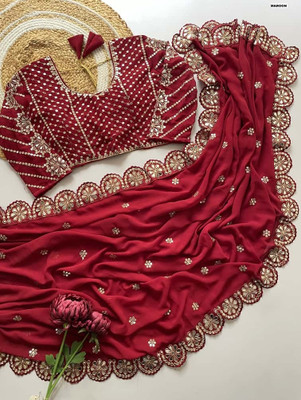 KRISHNACOLLECTION9 Embroidered, Floral Print, Embellished Bollywood Georgette Saree(Maroon)