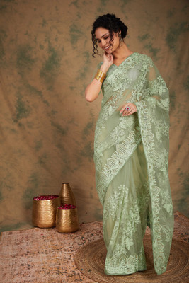 manvaa Embroidered Bollywood Net Saree(Green)