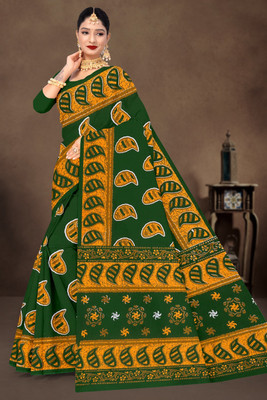 mahakali Printed Bandhani Pure Cotton Saree(Green)