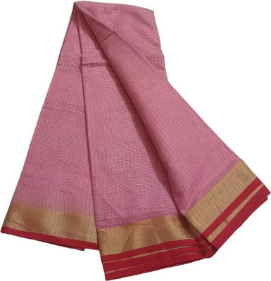 KASHIANS Checkered Berhampuri Cotton Jute Saree(Pink)