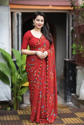 JMDF Embellished Daily Wear Georgette Saree(Red)