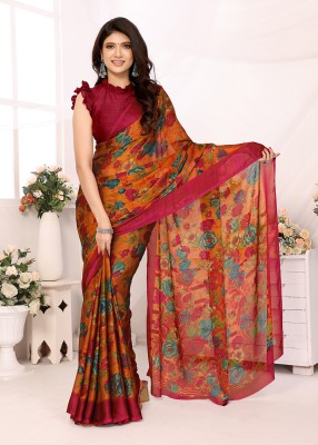 FABMORA Printed, Floral Print Daily Wear Chiffon Saree(Orange)