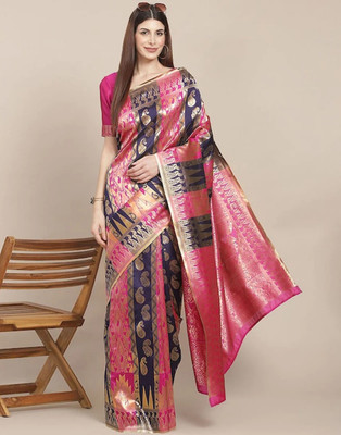 kevami fashion Geometric Print Kanjivaram Tussar Silk Saree(Pink)