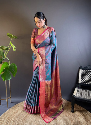 SGF11 Self Design Handloom Pure Silk Saree(Blue)