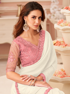 Tasrika Solid/Plain Bollywood Georgette Saree(White)