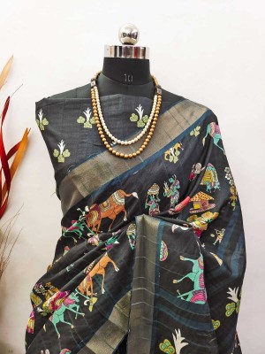 Saaransh Floral Print, Digital Print, Striped Bollywood Art Silk, Cotton Silk Saree(Black)