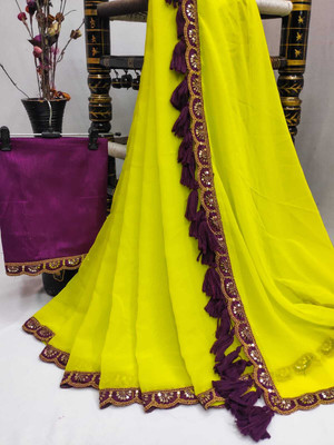 TANVIR Embellished Saree with Attached Blouse Georgette Saree(Green)