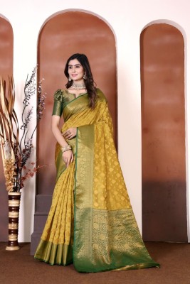 LAVYANSH CREATION Woven, Self Design Banarasi Silk Blend, Jacquard Saree(Yellow)