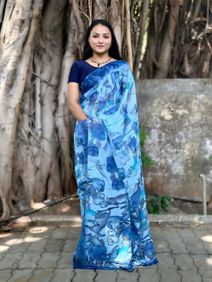 TEN R Printed Daily Wear Georgette Saree(Blue)
