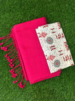 TARAMAACREATION Solid/Plain Bollywood Handloom Pure Cotton Saree(Pink, White)