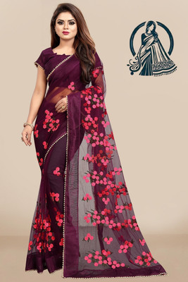 RE Renny Enterprise Embroidered Bollywood Net Saree(Maroon)