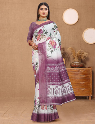 HouseOfCommon Printed Kanjivaram Pure Cotton, Chanderi Saree(White, Magenta)