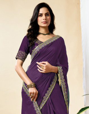Samah Embroidered, Embellished Bollywood Silk Blend, Cotton Silk Saree(Purple)