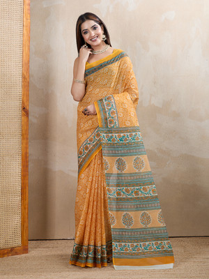SHANVIKA Printed Daily Wear Pure Cotton Saree(Mustard)