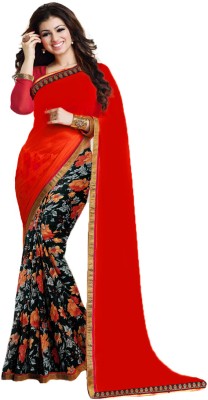 Flip The Style Floral Print Bollywood Georgette, Chiffon Saree(Red, Black)