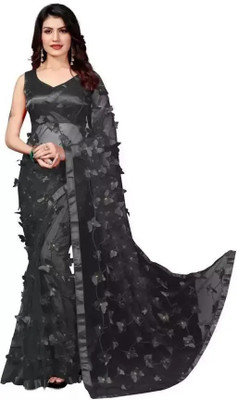 Sifoz Embroidered Assam Silk Net Saree(Black)