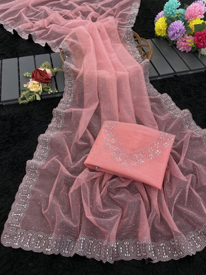 VarniRaaj Fashion Embellished Bollywood Supernet Saree(Pink)