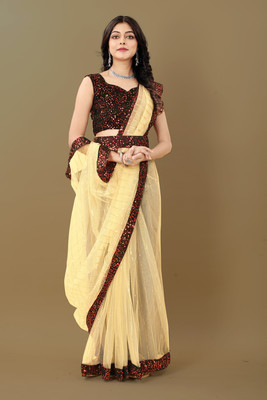 Embroidered Bollywood Net Saree(Cream)