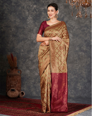 Samah Woven, Embellished Banarasi Silk Blend, Jacquard Saree(Beige, Gold)