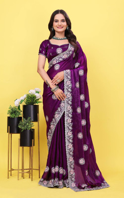 GREENA CREATION Embroidered, Woven, Self Design, Embellished Bollywood Silk Blend Saree(Magenta)