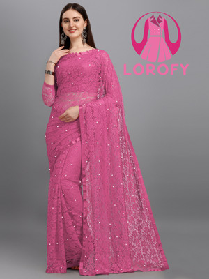 LOROFY Self Design Bollywood Net Saree(Pink)