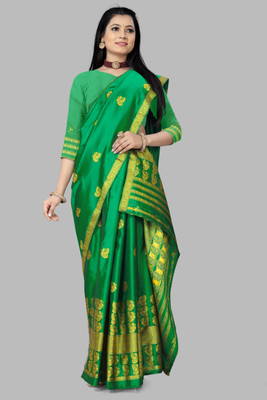 GRUJHA Self Design Mekhela Chador Silk Blend Saree(Light Green)