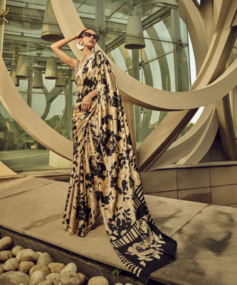 Divastri Printed Bollywood Satin, Silk Blend Saree(Beige)