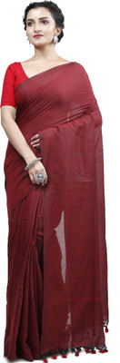 PuJoy Solid/Plain Handloom Cotton Blend Saree(Brown)