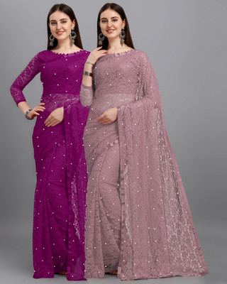 LOROFY Self Design Bollywood Net Saree(Pack of 2, Multicolor)