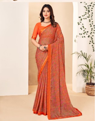 Satrani Printed, Geometric Print, Embellished Bollywood Chiffon, Georgette Saree(Orange, Green)