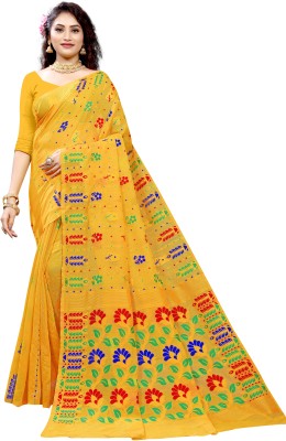 ARIYA PRINTS Floral Print Jamdani Cotton Silk Saree(Yellow)