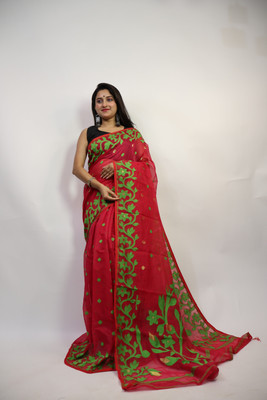 Anu Self Design Jamdani Cotton Blend Saree(Red)