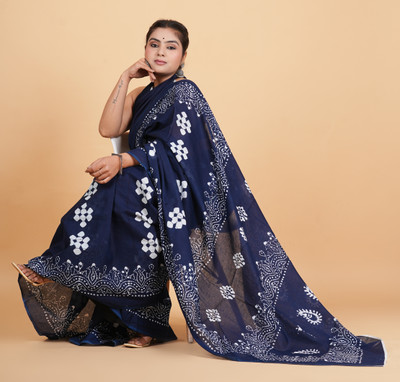 Krishna Creation Geometric Print, Printed, Floral Print Handloom Pure Cotton Saree(Blue)