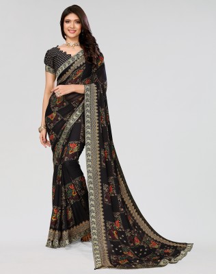 ANIRAV Floral Print Bollywood Georgette, Lace Saree(Black)