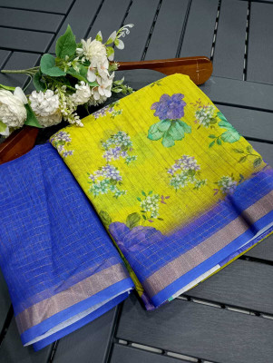 Saaransh Floral Print Kanjivaram Linen, Cotton Silk Saree(Green)