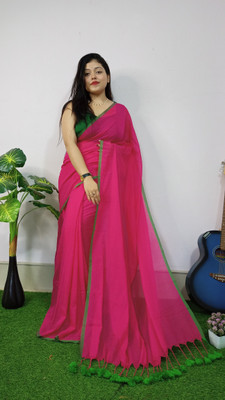 Monde Avenir Solid/Plain Bollywood Handloom Pure Cotton Saree(Pink)