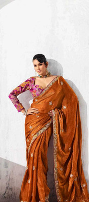 Shree nath Sadi Centre Embroidered, Solid/Plain Bollywood Pure Silk Saree(Brown)