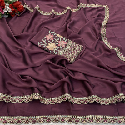 K 5 FASHION Self Design, Solid/Plain, Embroidered Bollywood Chiffon Saree(Maroon)
