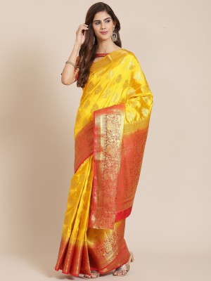 Tasrika Self Design, Woven, Printed Banarasi Jacquard, Cotton Silk Saree(Yellow)