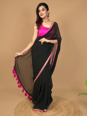 SAAVARIYA Fashion Solid/Plain, Embellished, Embroidered Bollywood Georgette Saree(Black)