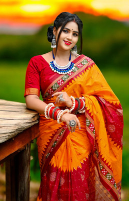 HouseOfCommon Printed Sambalpuri Pure Cotton Saree(Yellow)