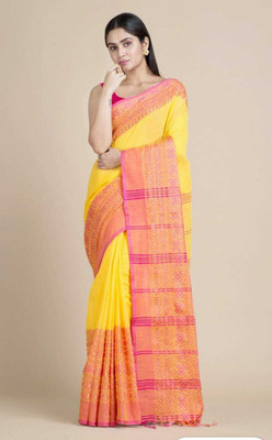 HouseOfCommon Self Design Handloom Pure Cotton Saree(Yellow, Red)