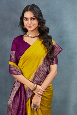 DHARMRAJ ENTERPRISE Solid/Plain, Woven Kantha Crepe Saree(Yellow)