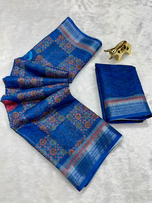 FULIYA SILK Printed, Geometric Print, Tie-Dye, Digital Print Daily Wear Linen Saree(Blue)