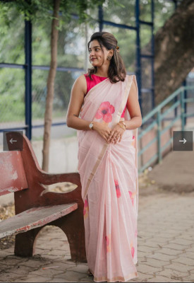 SDGRATITUDE Digital Print, Floral Print Daily Wear Linen Saree(Pink)