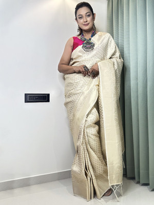 Sareemall Printed Banarasi Silk Blend Saree(Cream)