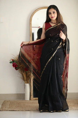 PARAMPARA CREATION Woven, Self Design, Embroidered, Floral Print Bollywood Cotton Silk Saree(Black)